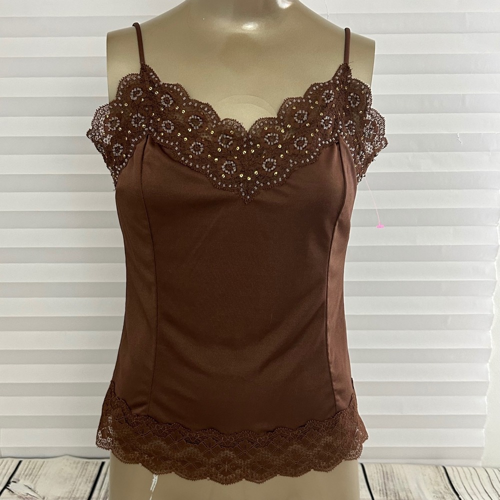 The Limited Brown Lace Trim Beaded Babydoll Cami Top Womens Sz M Y2K Preppy Chic